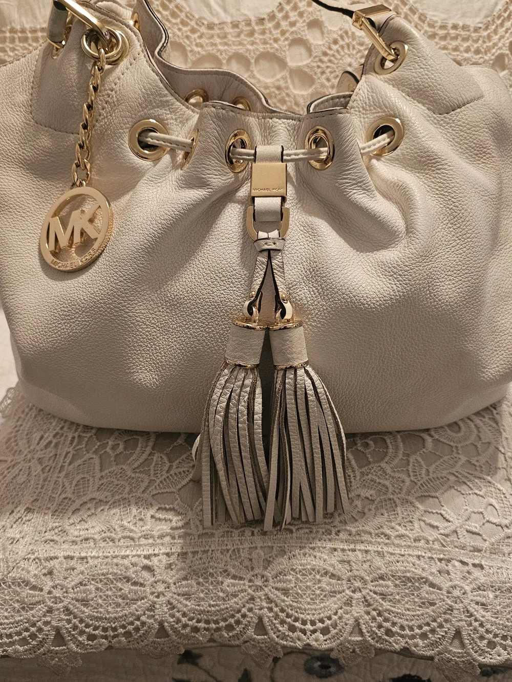 Michael Kors Cream Pebbled Leather Tassel Drawstring Shoulder Bag